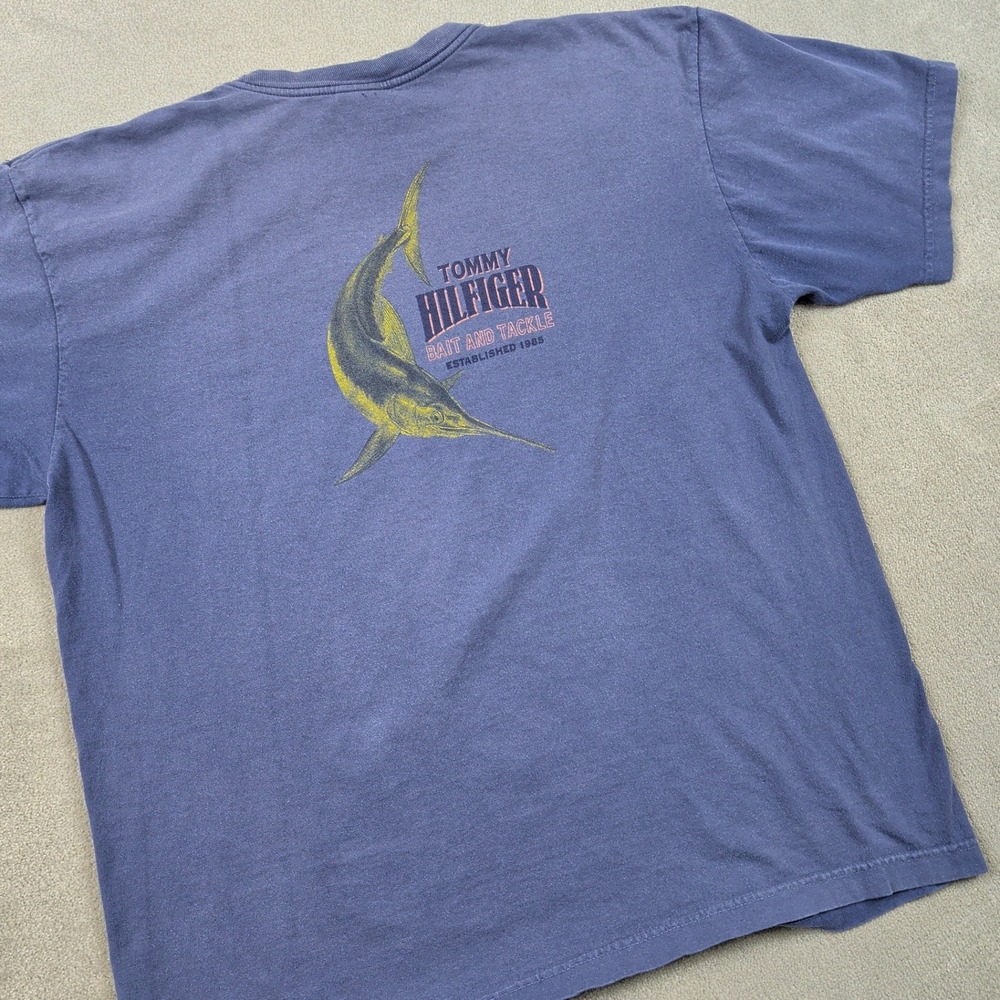 Tommy Hilfiger T Shirt Large Mens Blue Bait and Tackle Marlin Graphic Y2K Cotton